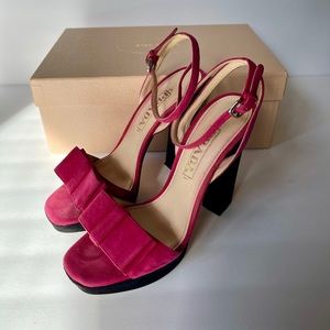 Prada Pink Bow Suede Peep Toe platform Heels sandals 37.